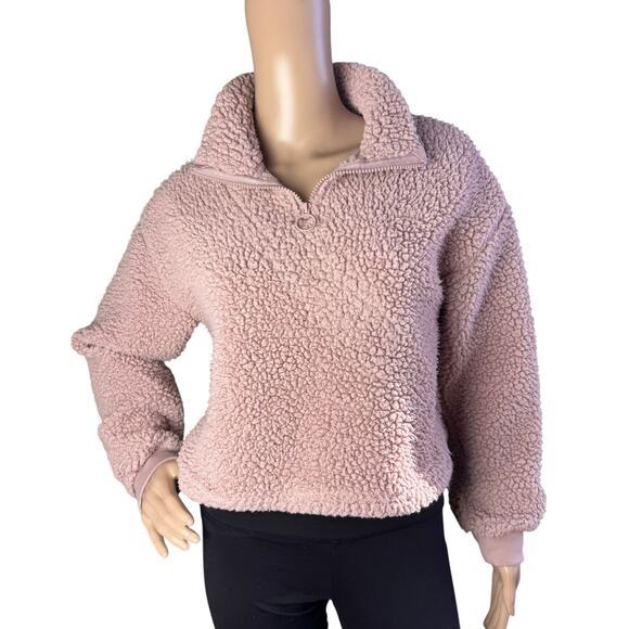 Love Tree Women Pink Sherpa High Neck Long Sleeves Cropped Pullover Sweater S - Picture 1 of 9